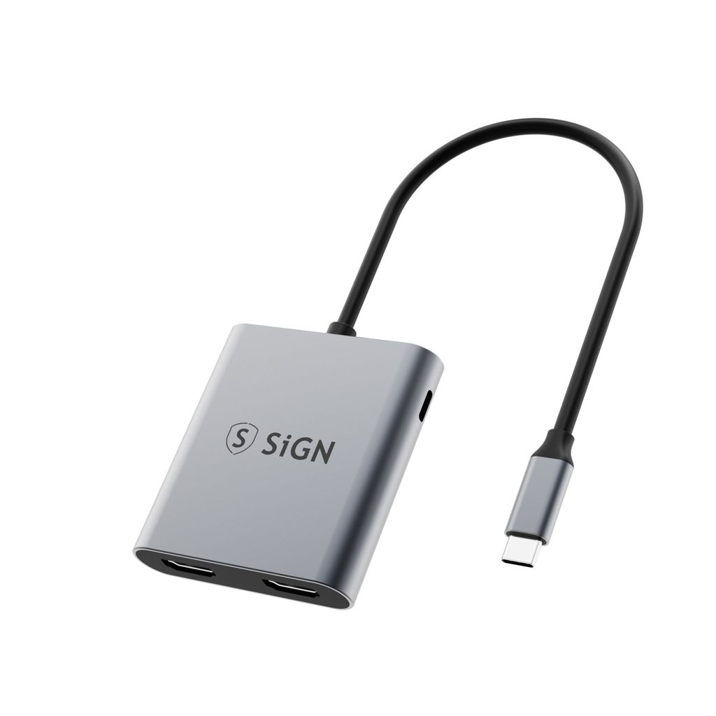 SiGN 2-i-1 adapter USB-C til 2x HDMI + 1x USB-C 100W Grå