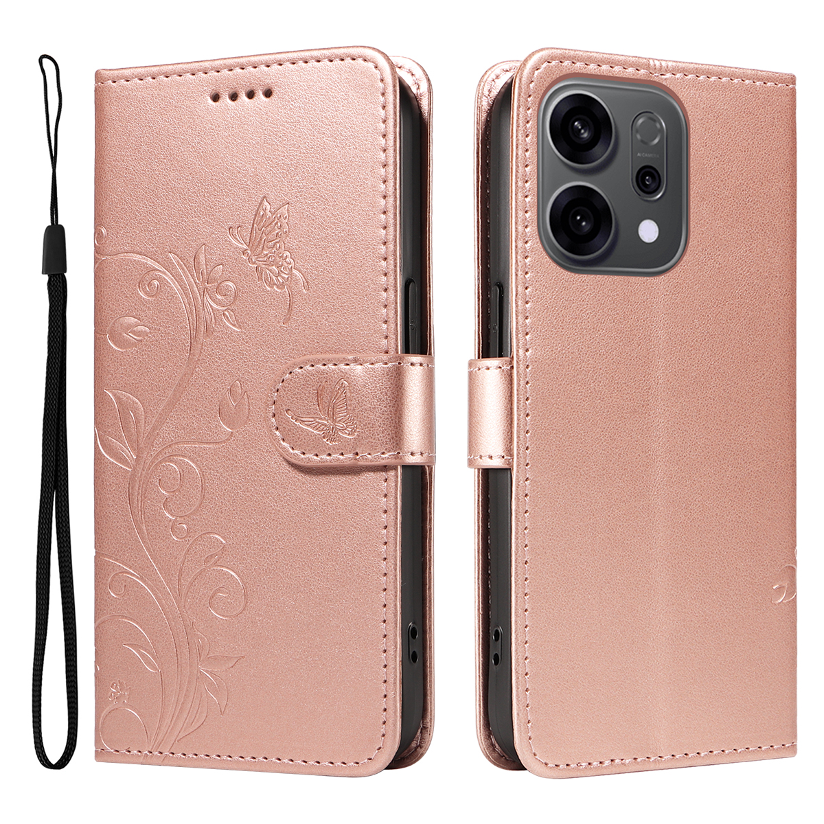 Lærveske Sommerfugler Oppo Reno 14 Rosegull - Fint lommeboketui med mønster