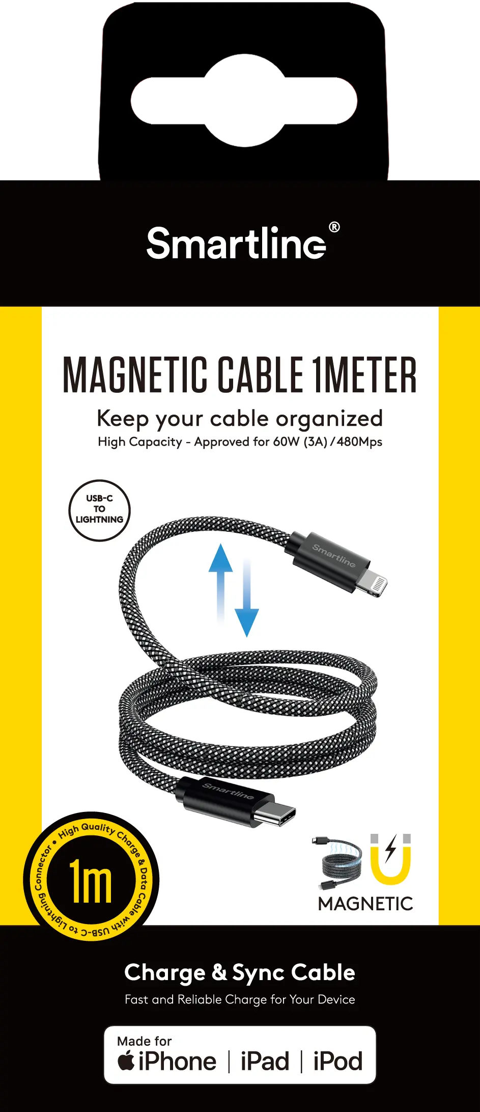 Magnetisk USB-C -> Lightning Kabel 1m svart
