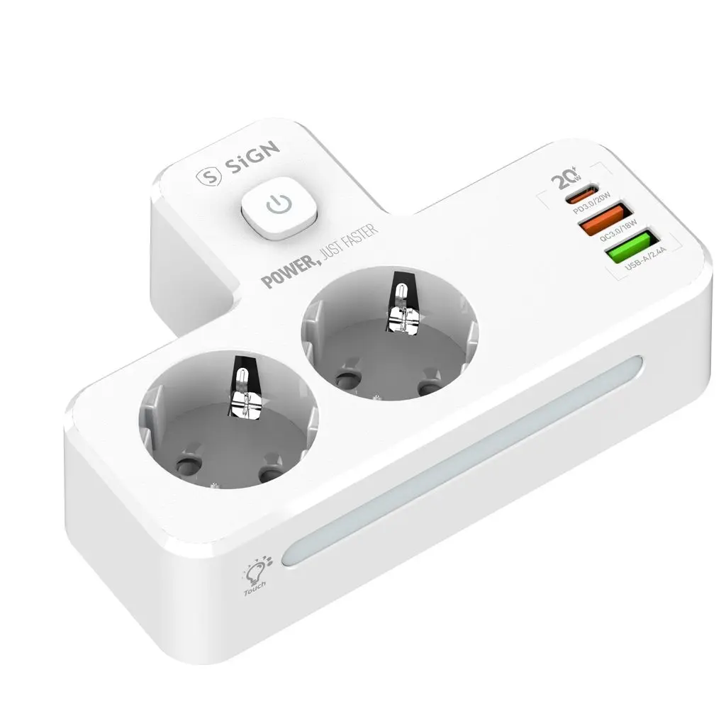 2-vägs Grenuttag med LED-nattlampa + 1x USB-C + 2x USB-A  Vit
