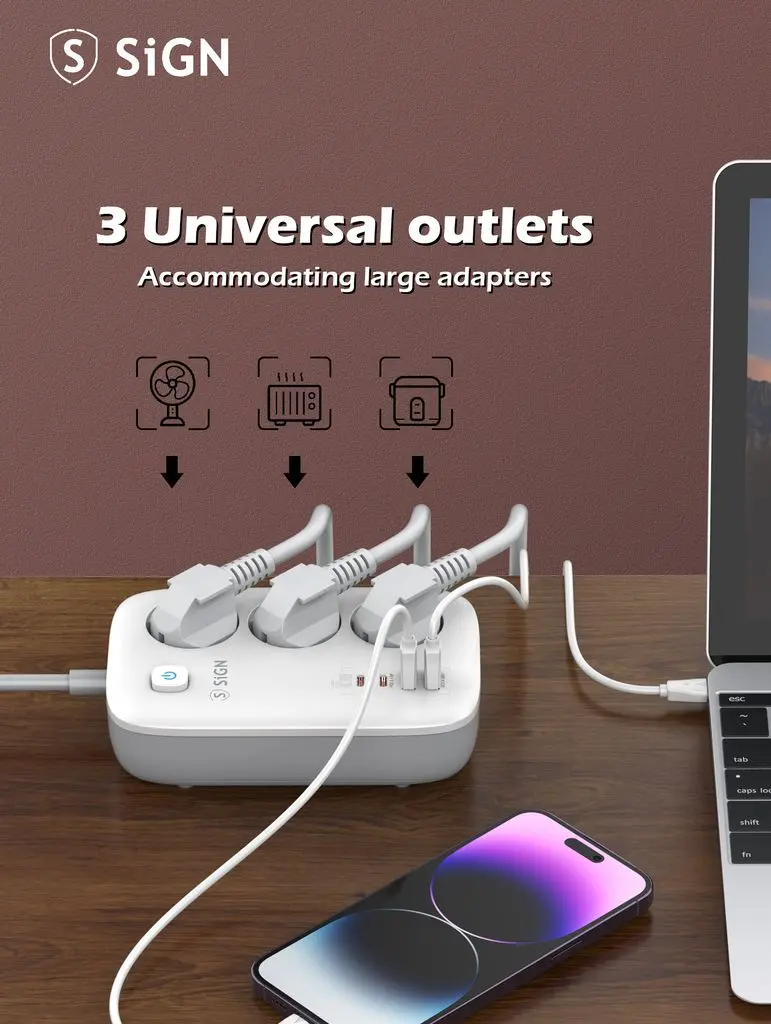 3-vägs Grenuttag GaN 65W med 2 x USB-C + 2 x USB-A 2m Vit