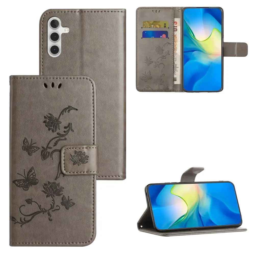 Läderfodral Fjärilar Samsung Galaxy S24 FE Grå