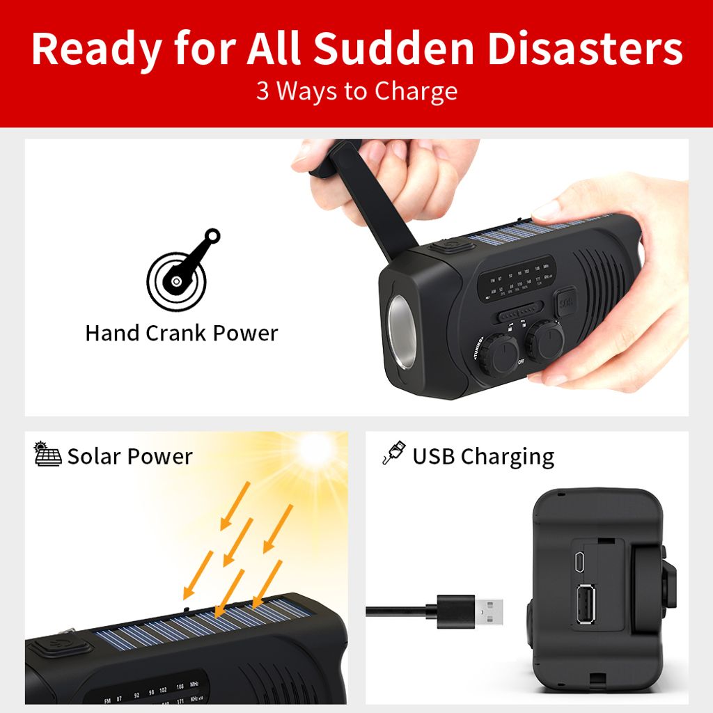 Vevradio med 2000 mAh Powerbank + solceller & ficklampa Svart