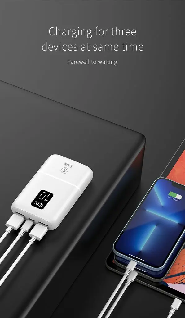 Mini Powerbank QC med Display 10000mAh, Trippel Utgång Vit