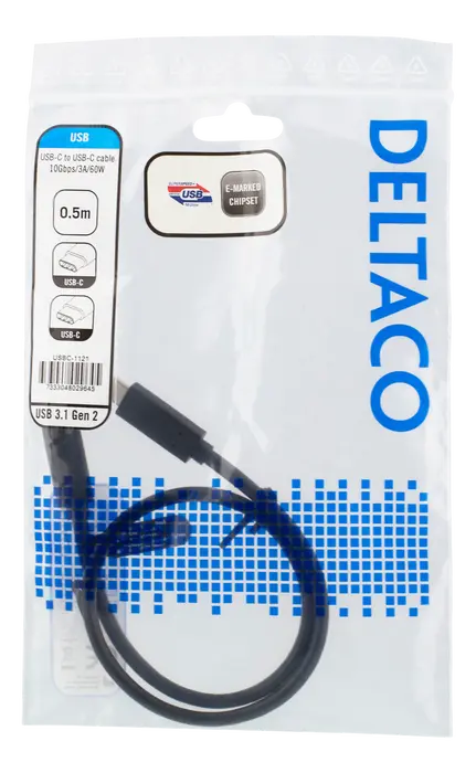 USB-C till USB-C-kabel 10 Gbps 60W 0.5m Svart
