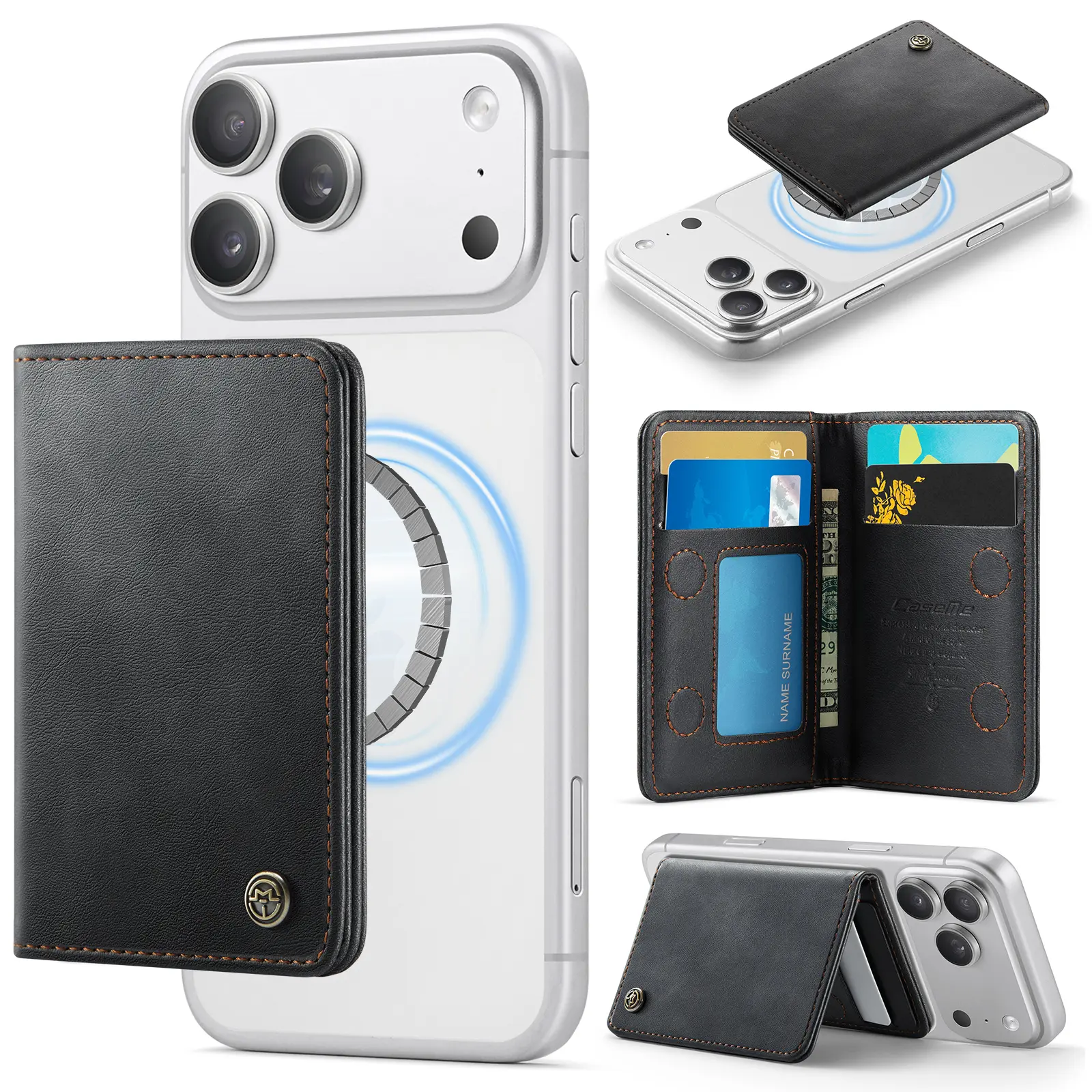 MagSafe korthållare i läder med ställfunktion och RFID-skydd, Svart