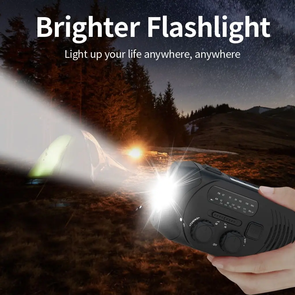 Vevradio med 2000 mAh Powerbank + solceller & ficklampa Svart
