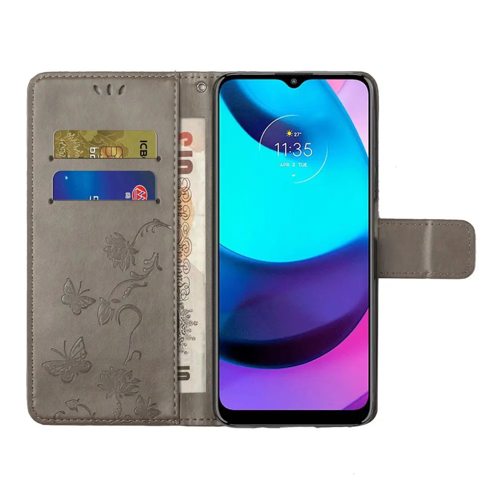Läderfodral Fjärilar Motorola Moto E40/Moto E20 Grå