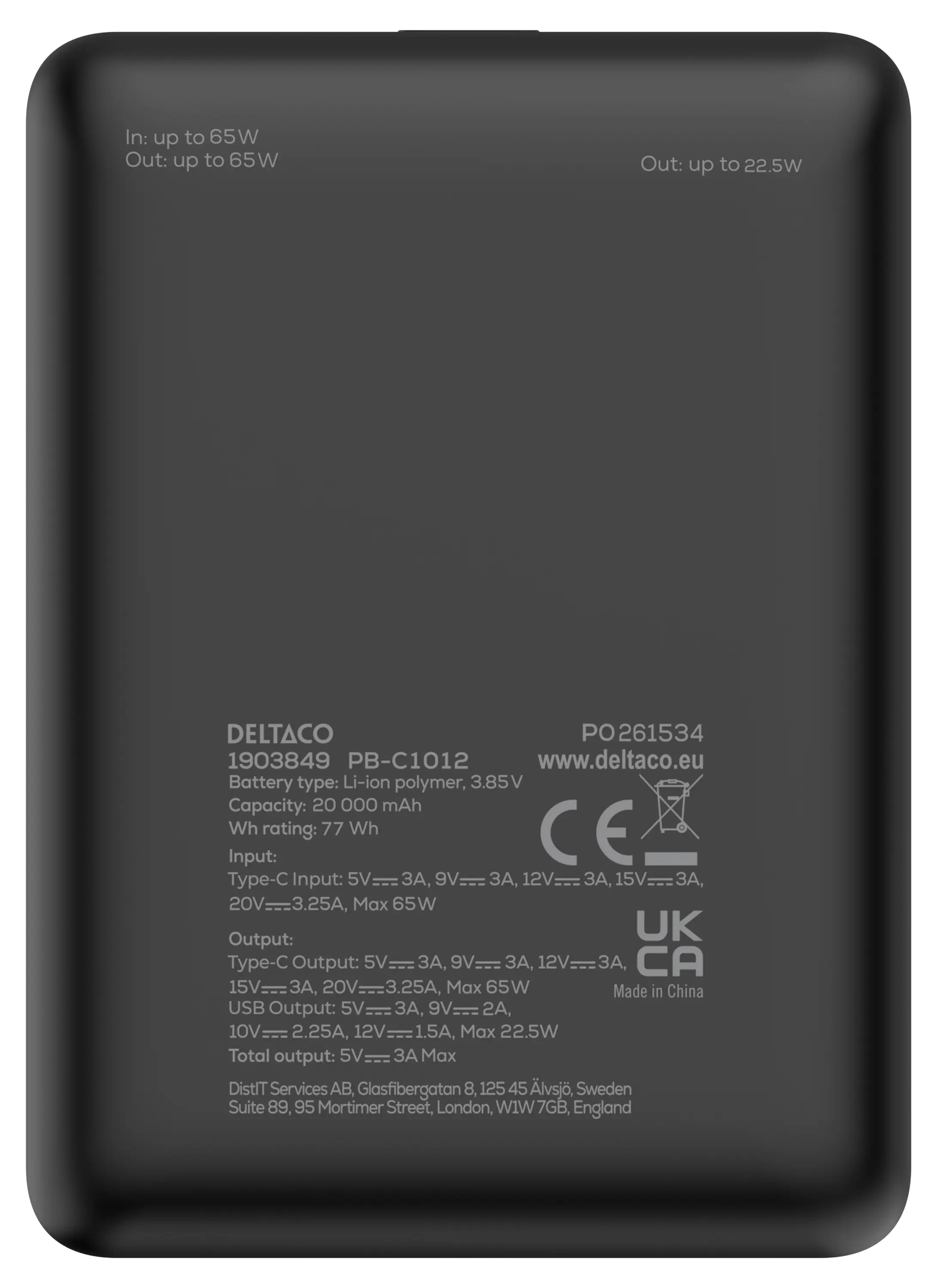 Powerbank 65W USB-C + USB-A 20000 mAh PD Svart