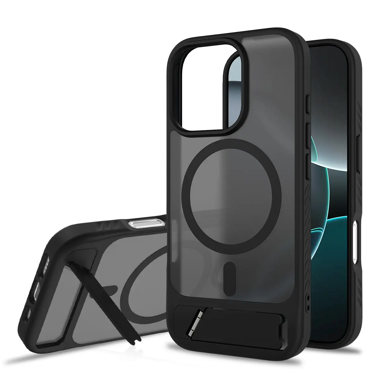 iPhone 16 Pro Magnetisk hybridcover med indbygget stativ , Sort