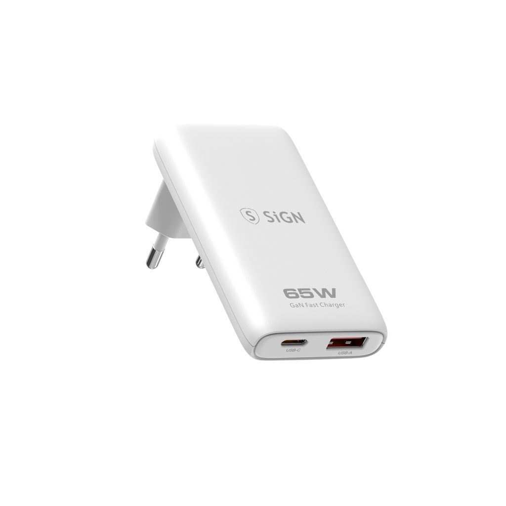 SiGN Sammenleggbar kompakt GaN vegglader USB-C + USB-A 65W, Hvit
