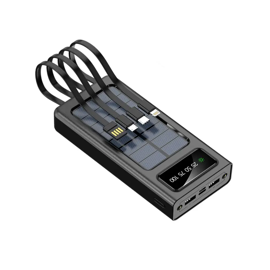 Solcell Powerbank med inbyggda kablar 20000mAh Svart