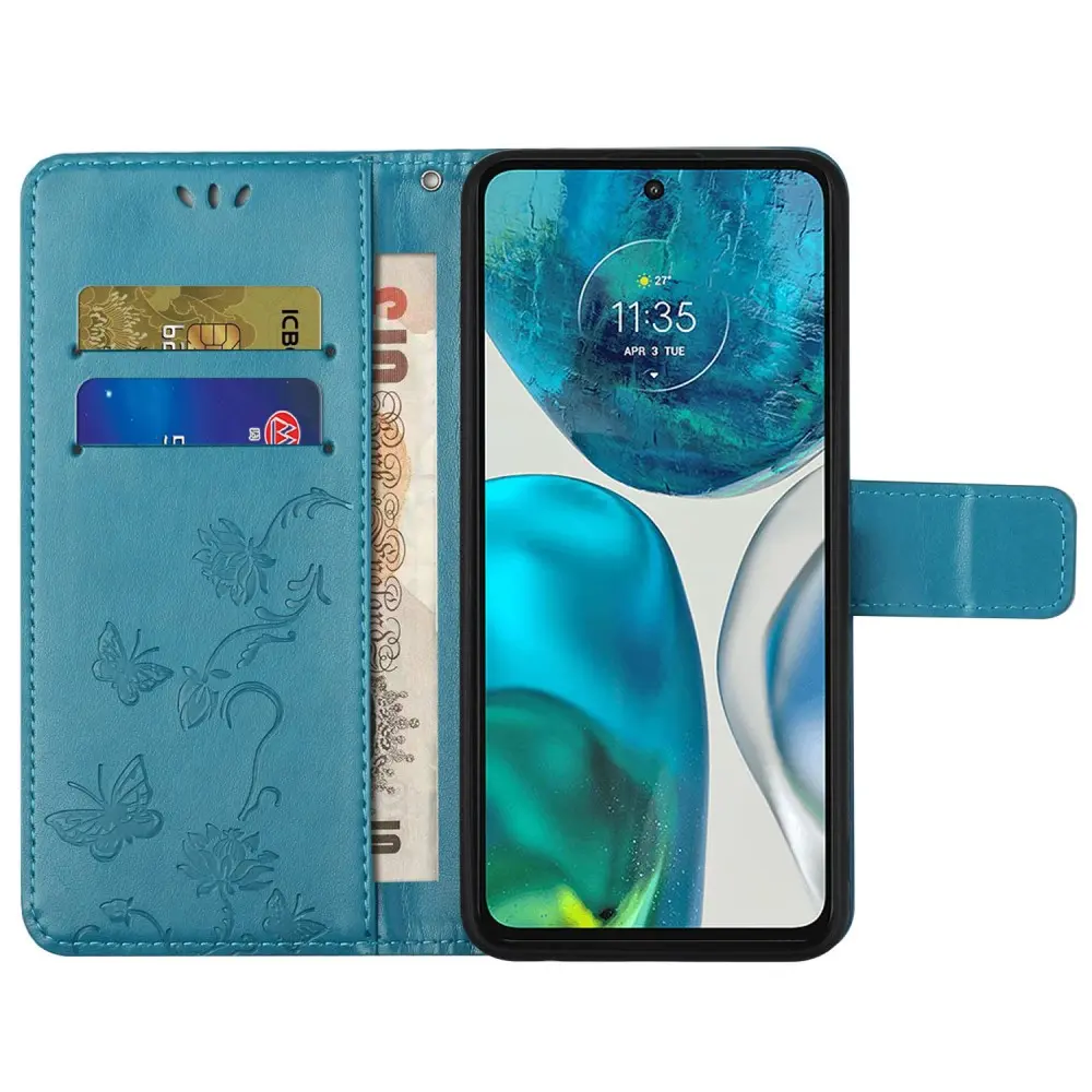 Läderfodral Fjärilar Motorola Moto E32 Blå