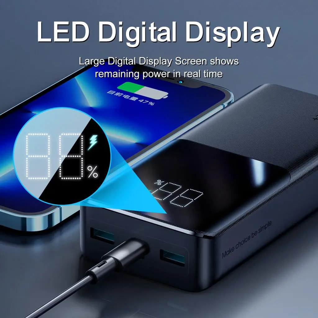 Supersnabb LED Powerbank 20000 mAh 22.5W - Trippel utgång Svart