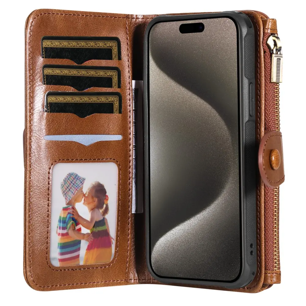 Magnet Leather Multi-Wallet iPhone 15 Pro Max brun