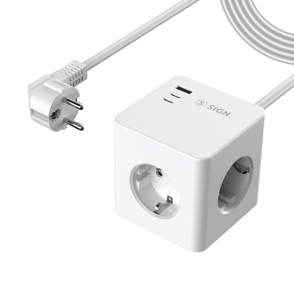SiGN Grenuttak kube med 3 uttak + USB-A + 2 x USB-C 1,5 m 20W Hvit