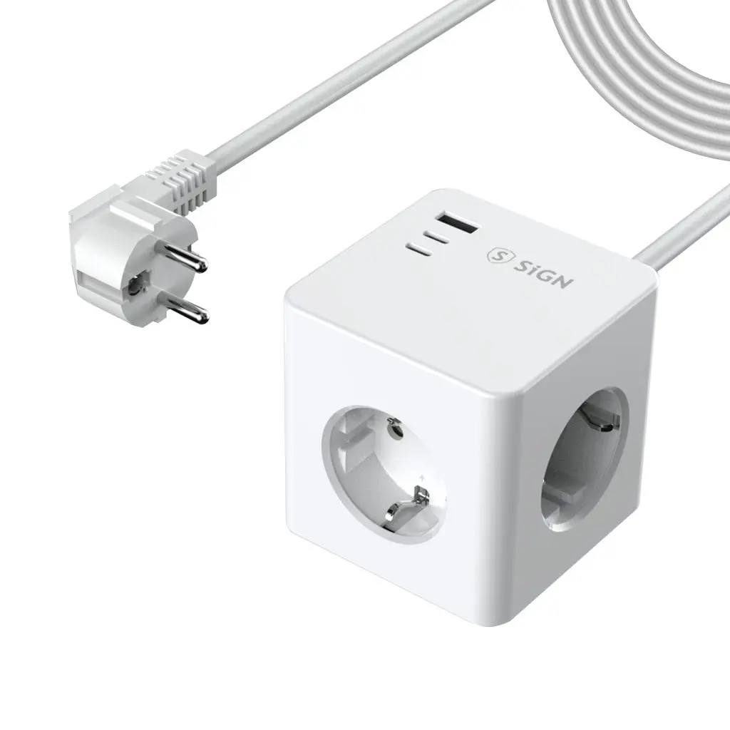 Stikdåse kube med 3 udtag + USB-A + 2 x USB-C 1,5 m 20W Hvid