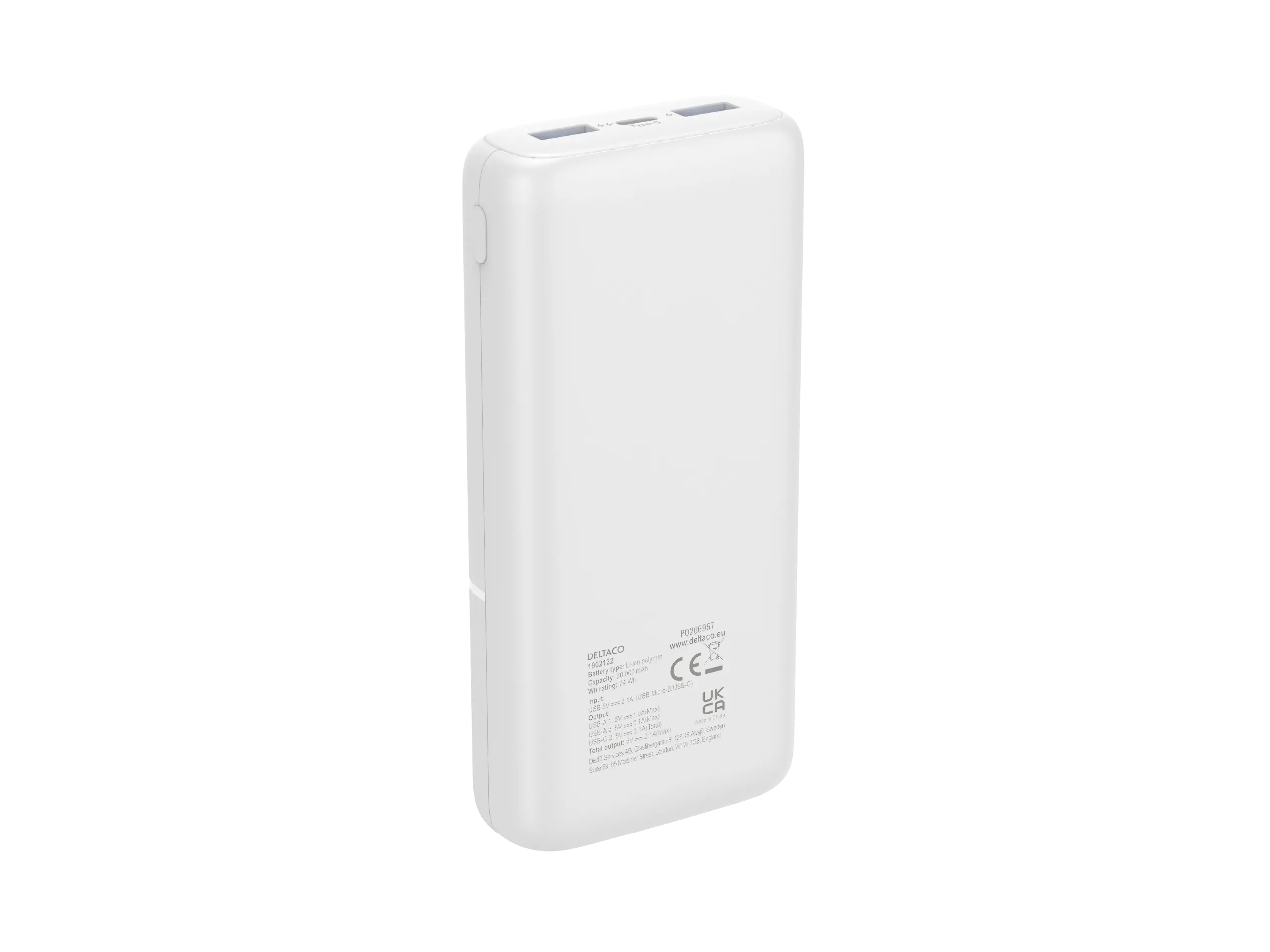 Powerbank USB-C + 2x USB-A 20000 mAh 10,5W Vit