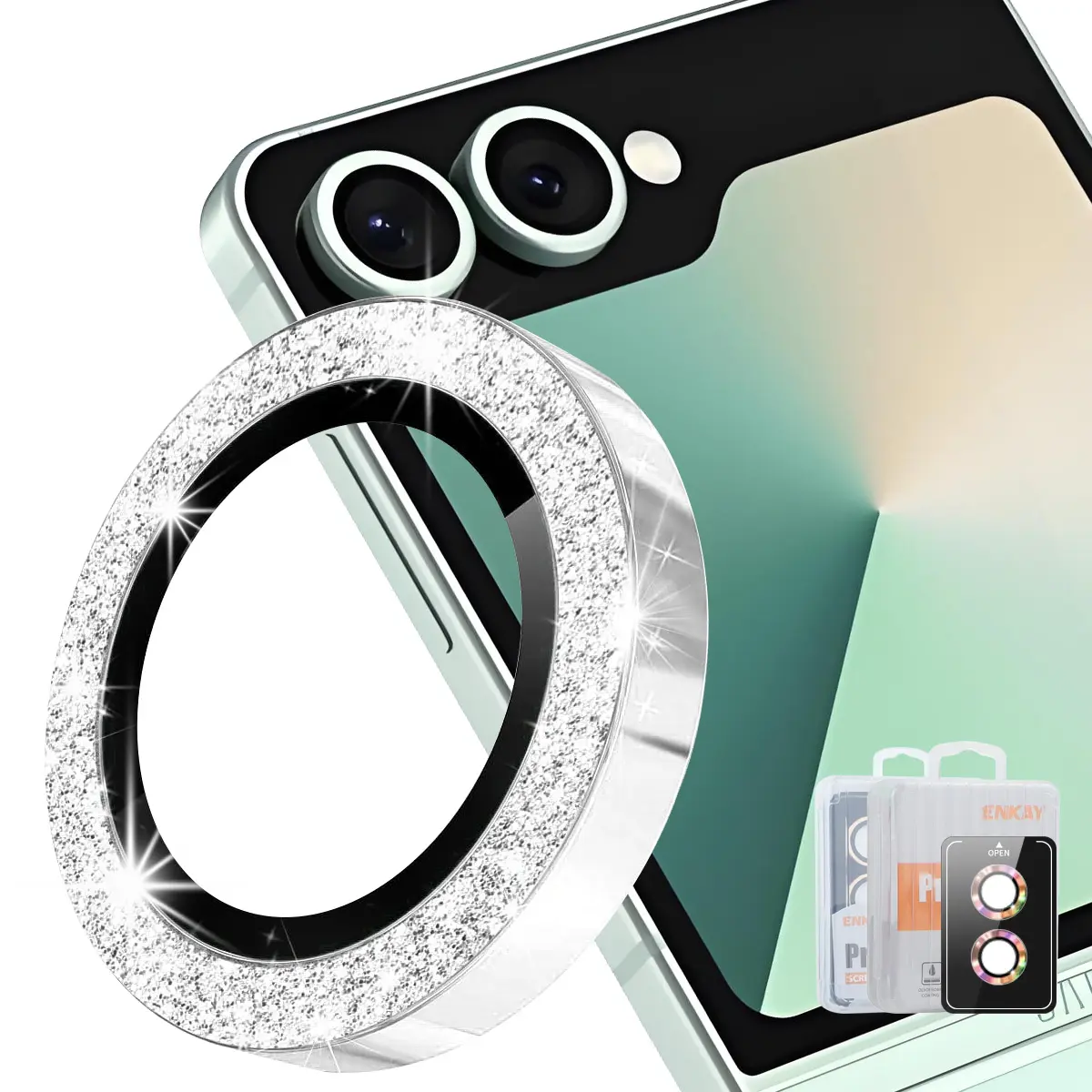 Glitter Linsskydd Aluminium + Glas Samsung Galaxy Z Flip 8 Silver