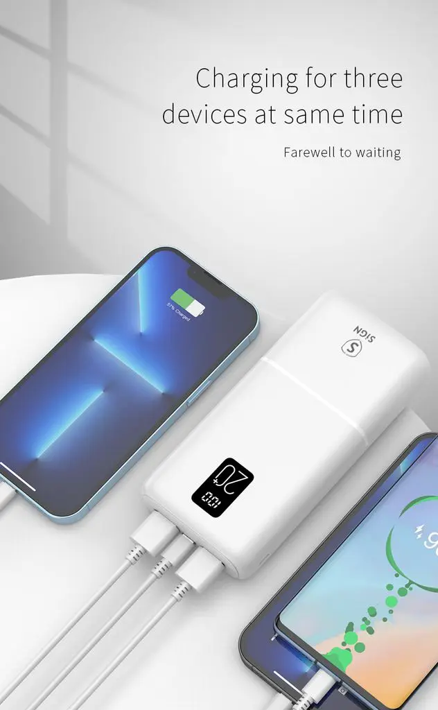 QC Powerbank 20000 mAh 2.1A - Trippel utgång Vit