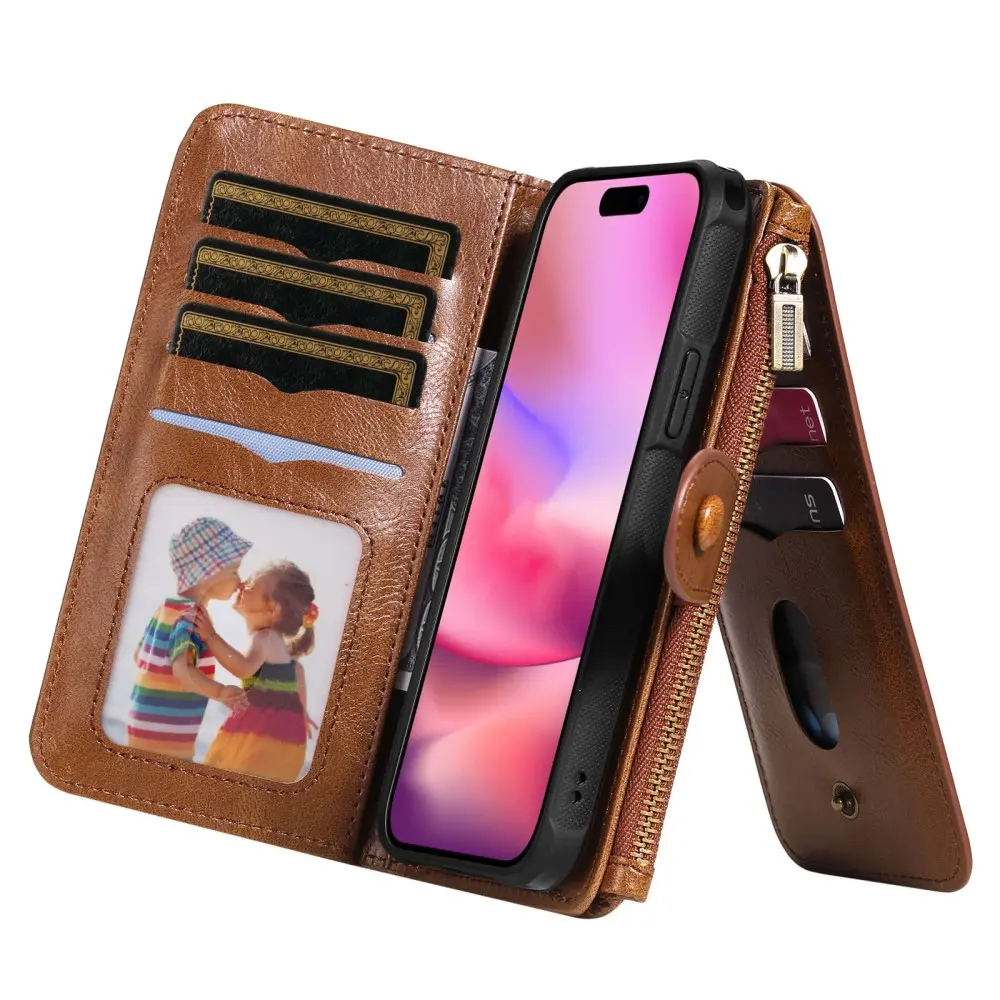 Magnet Leather Multi-Wallet iPhone 16 brun