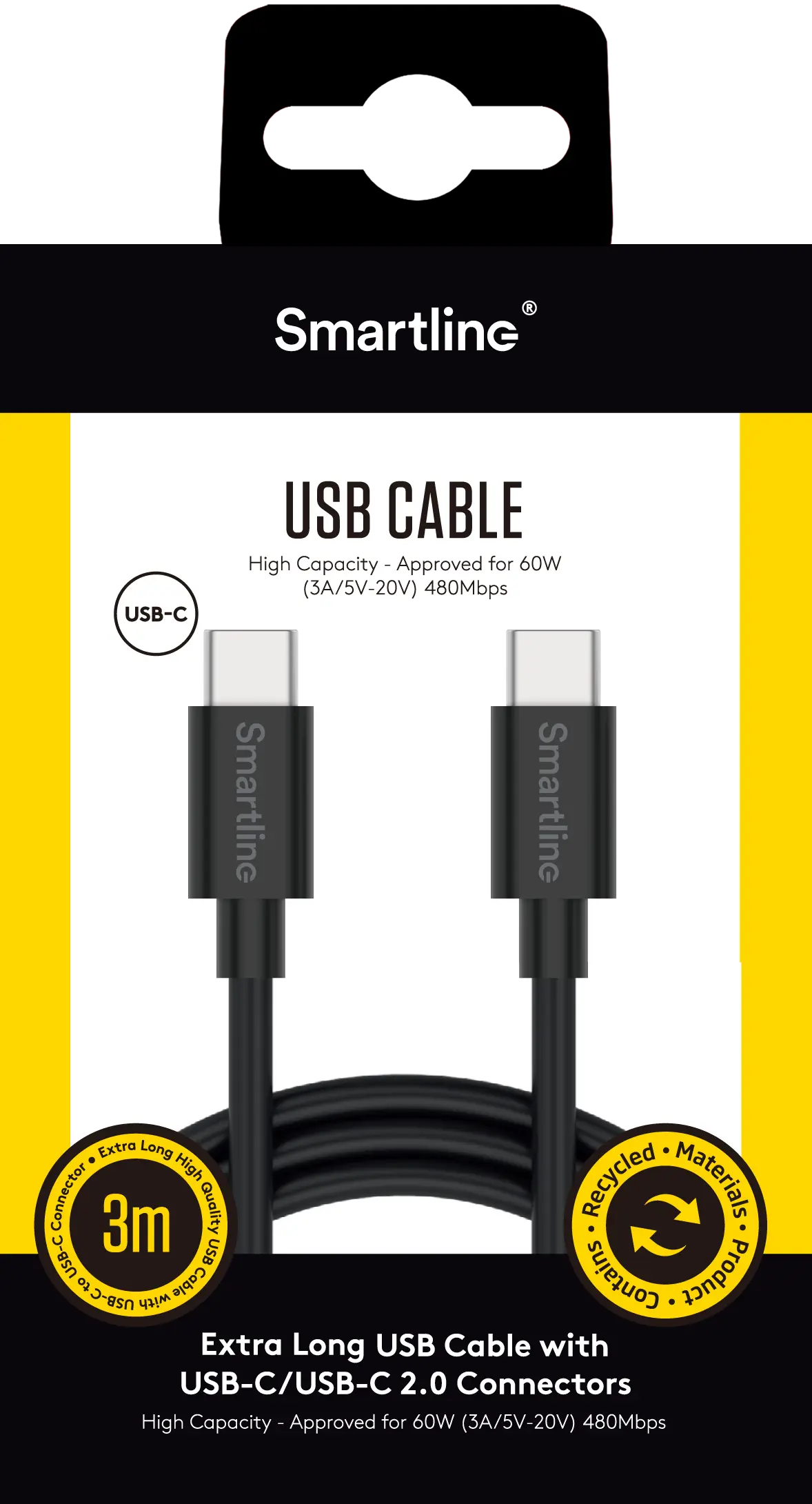 USB-kabel USB-C - USB-C 3m svart