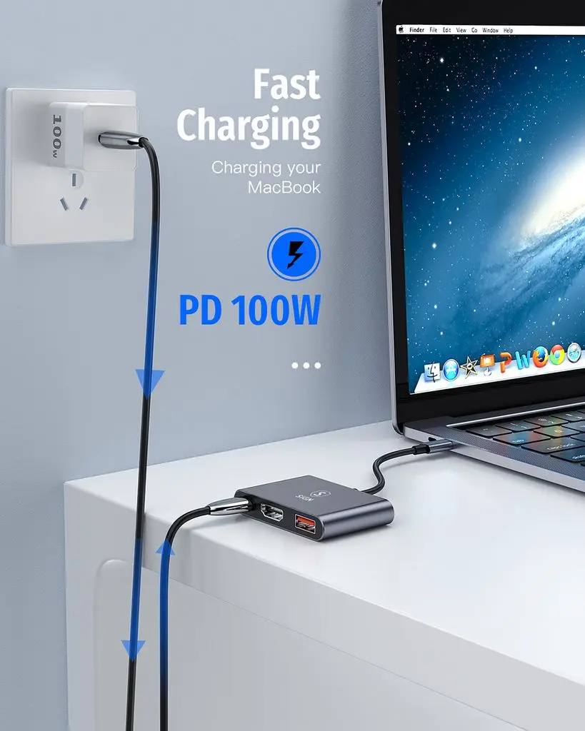 3-i-1 Hubb USB-C till USB-C + USB-A + HDMI 4K 100W
