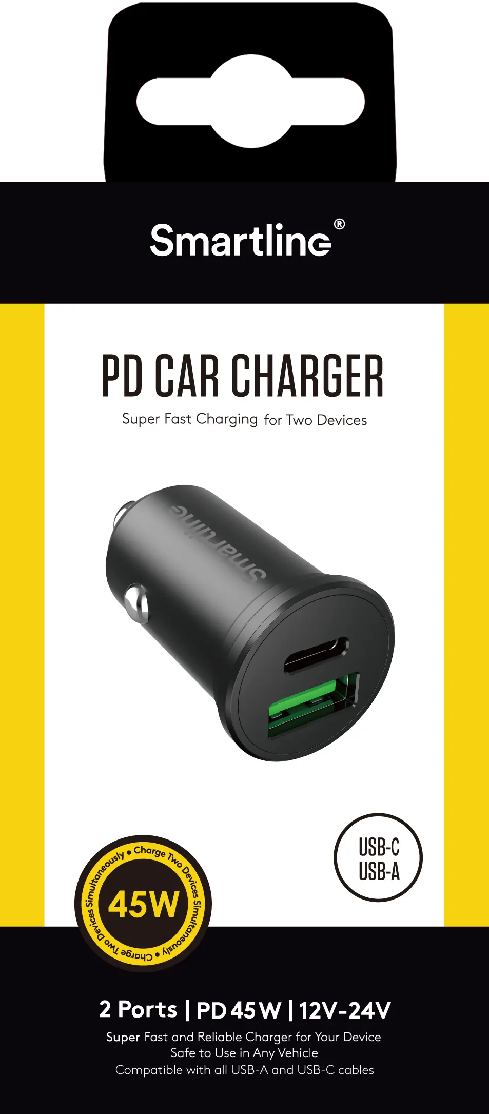 PD Dual Billaddare USB-C + USB-A 45W 12V-24V svart