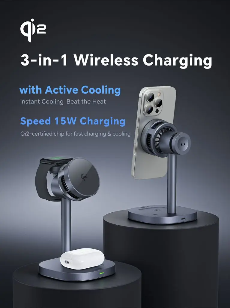 3-in-1 Trådlös Magnetisk Qi2 Laddningsstation 15W Grå