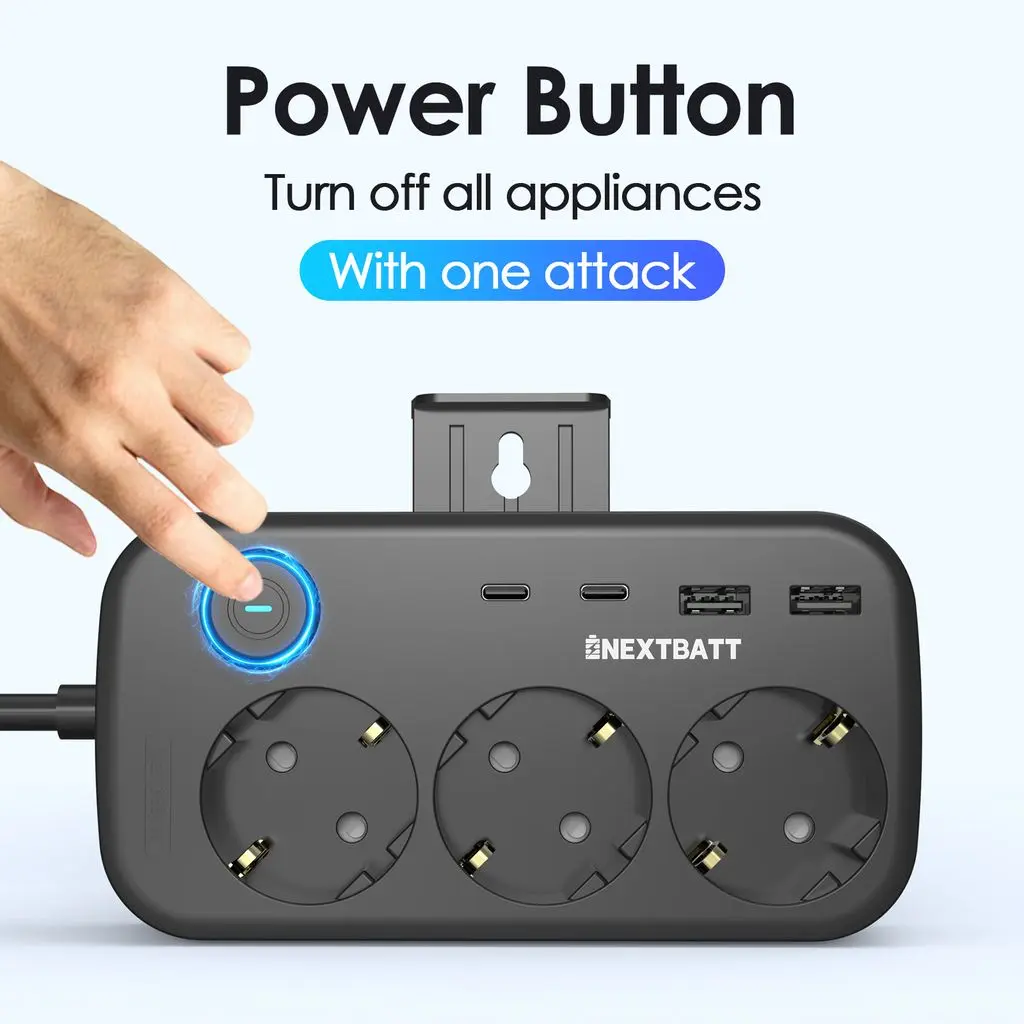 Jordat Grenuttag med strömbrytare 3-vägs + 2x USB-C + 2x USB-A 230V 1.5m, Svart