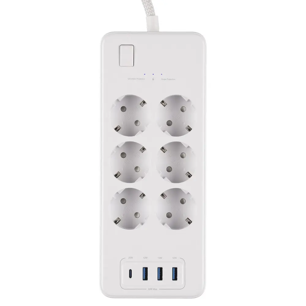 6-vägs grenuttag med strömbrytare och 3x USB-A + USB-C 1.5m, Vit