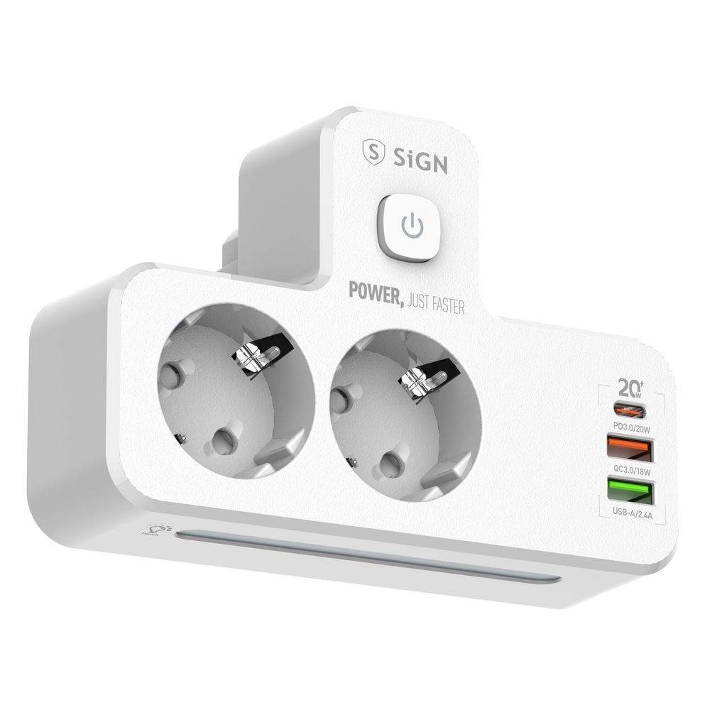 SiGN 2-suuntainen Jakorasia LED-yövalolla + 1x USB-C + 2x USB-A Valkoinen