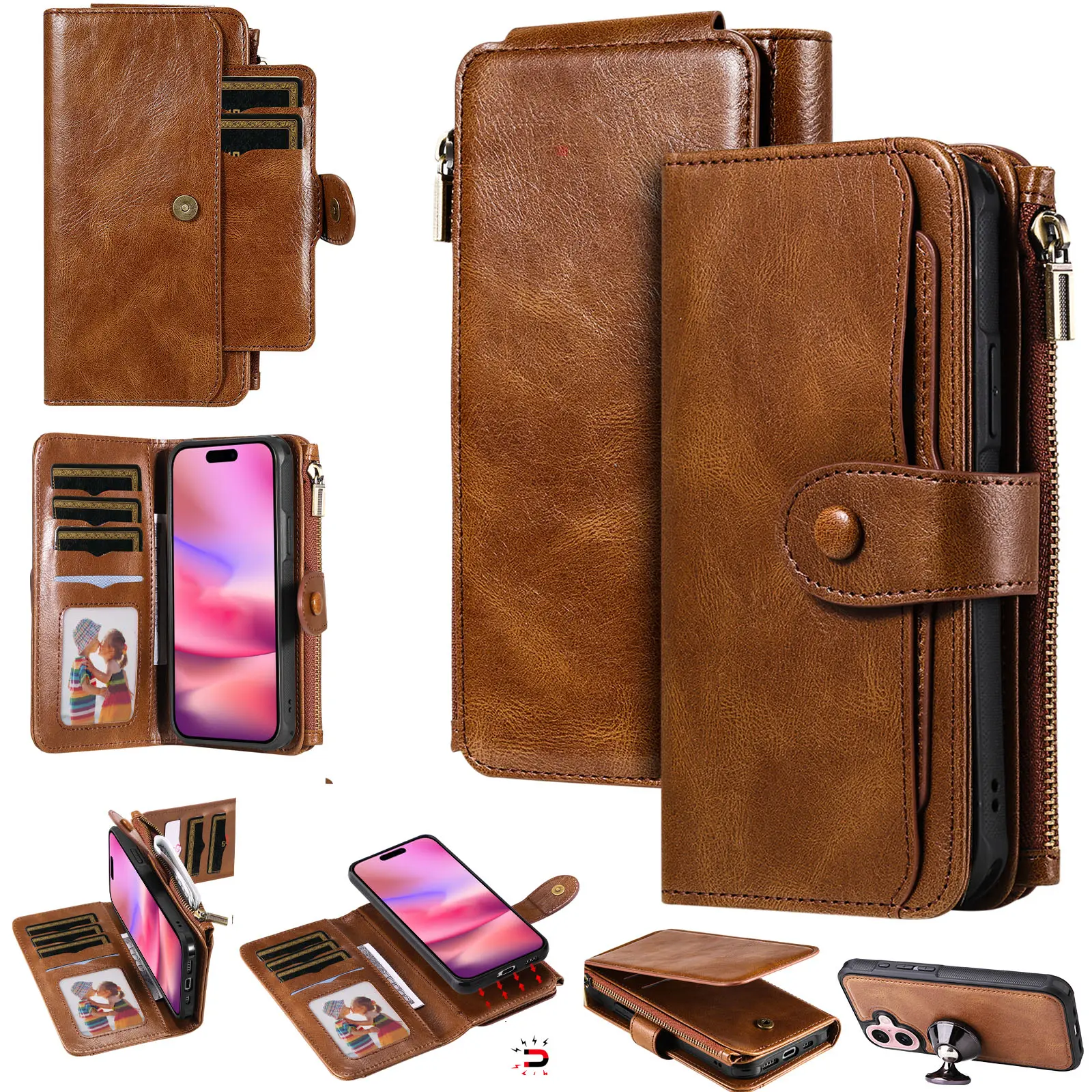 Magnet Leather Multi-Wallet iPhone 17 Brun