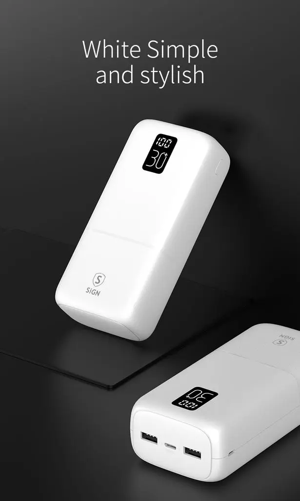 Powerbank 30000 mAh Trippel Utgång 2x USB-A + 1x USB-C Vit