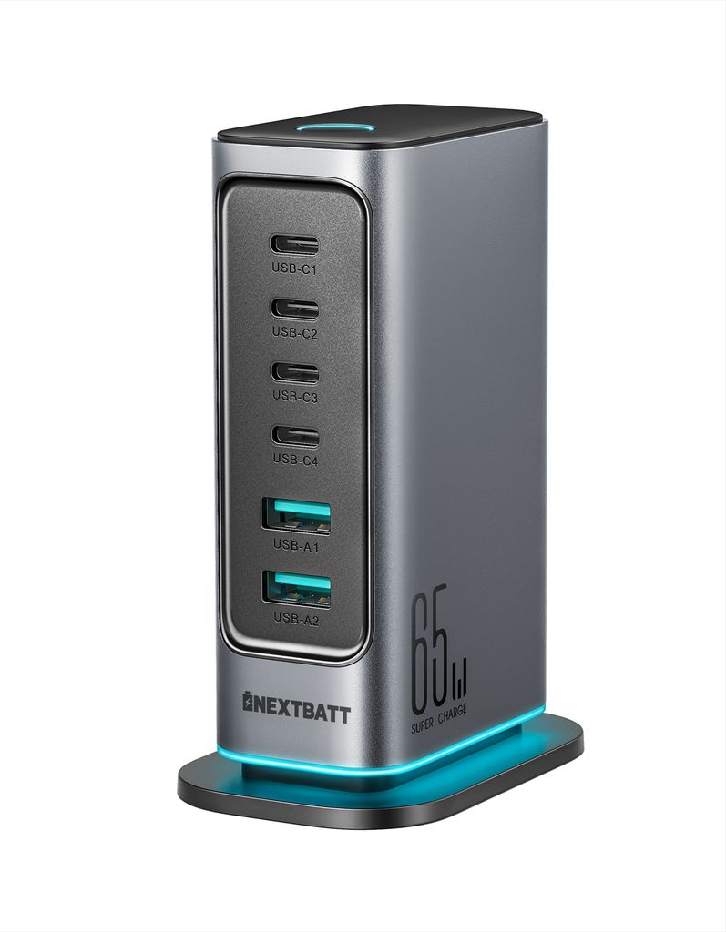 NEXTBATT 6-in-1 65W GaN Multi USB-lader 4 USB-C + 2 USB-A Grå