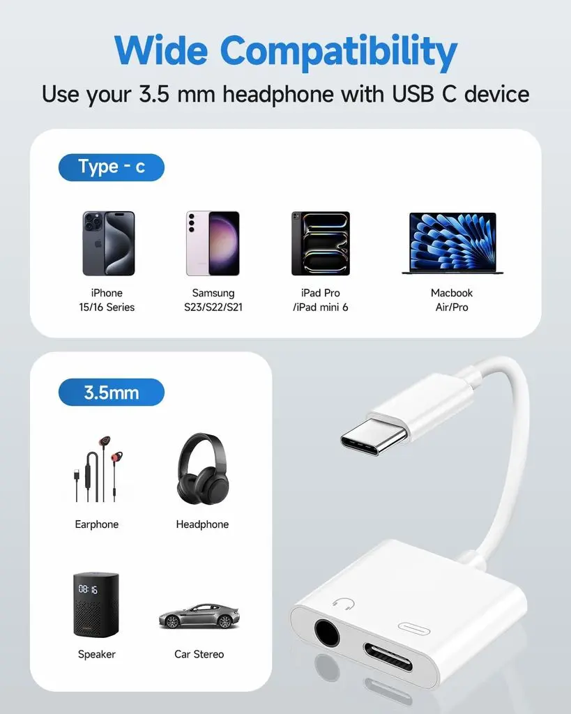 USB-C till 3.5 mm adapter för ljud och laddning Vit