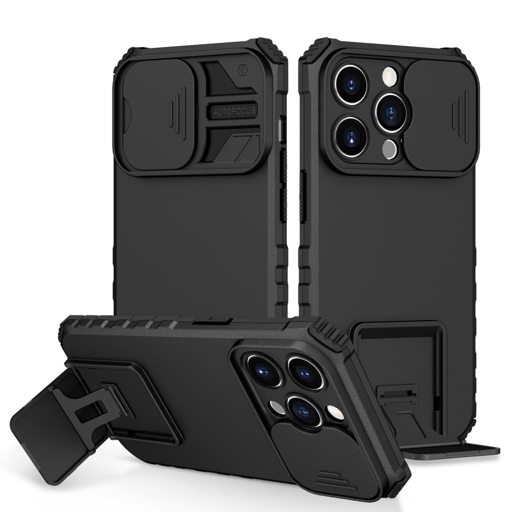 iPhone 15 Pro Kickstand Deksel kamerabeskyttelse Svart - Kamerahull og utfellbart støtte