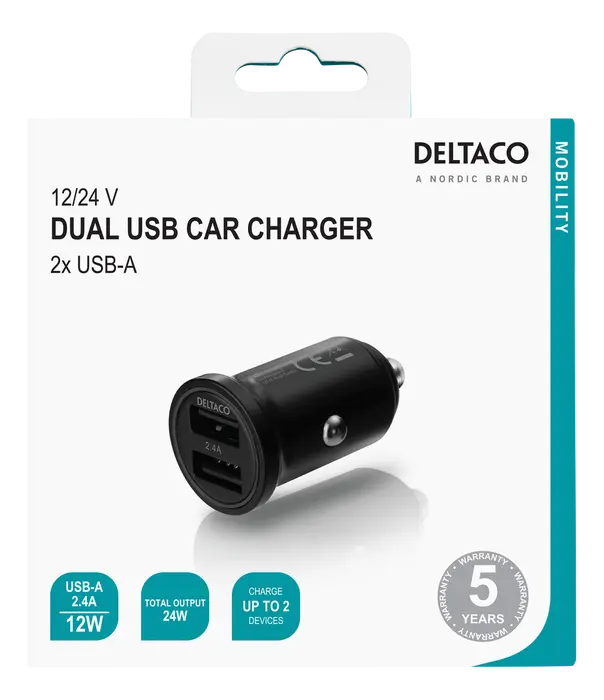 Billaddare med 2x USB-A portar 24W Svart