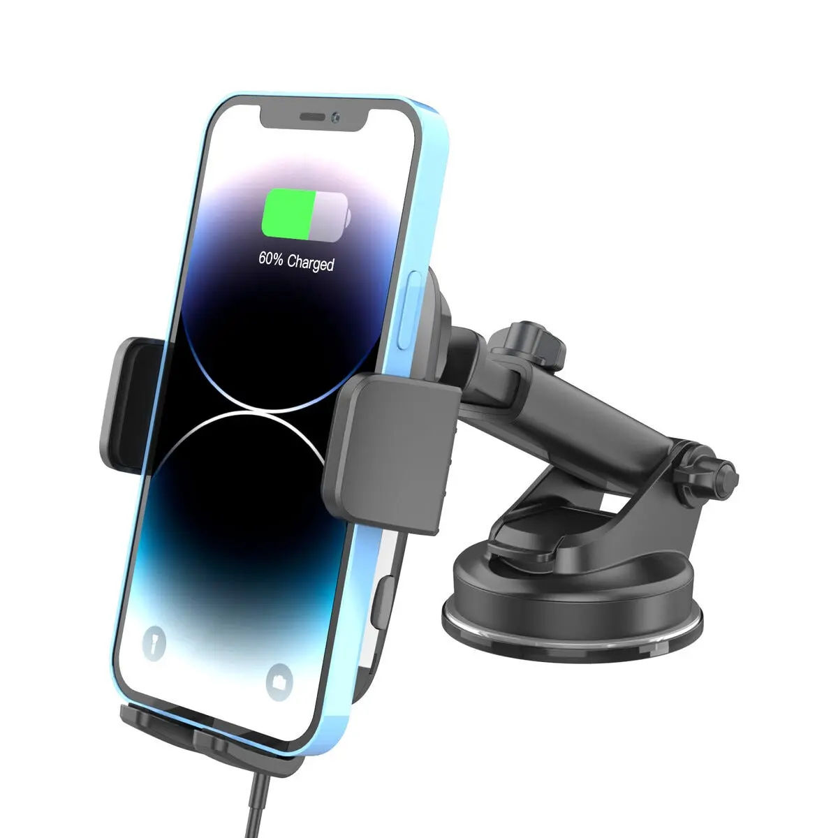 Mobilholder med trådløs Qi-opladning til bilen med sugekop Sort