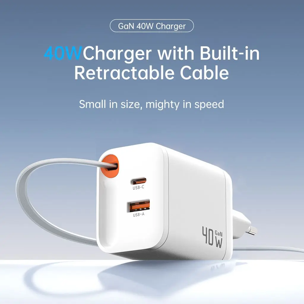GaN Snabbladdare USB-C & USB-A 40W med utdragbar USB-C kabel Vit