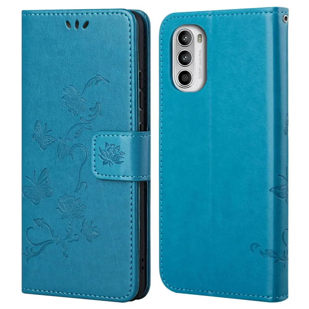 Läderfodral Fjärilar Motorola Moto E32 Blå