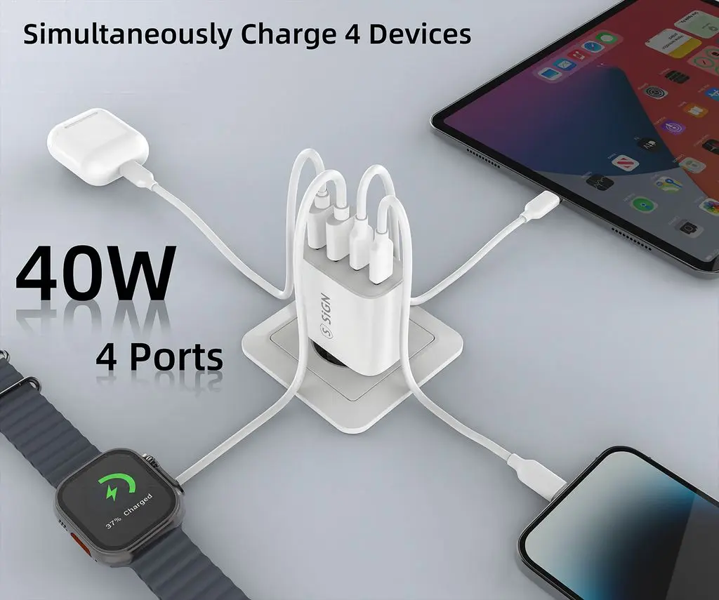 GaN Snabbladdare 2 x USB-C + 2 x USB-A 40W Vit