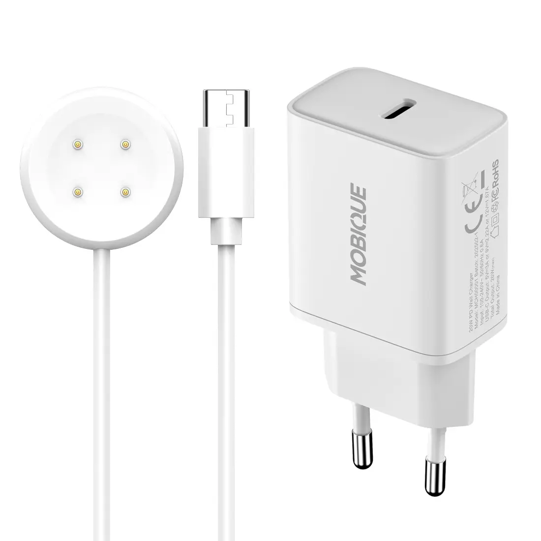 Komplet oplader Google Pixel Watch 3 41mm kabel og vægoplader 20W Hvid