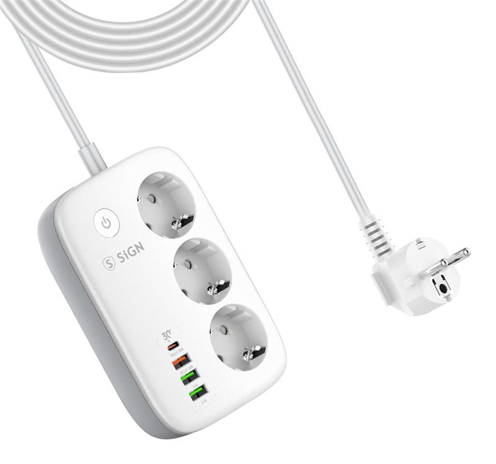 SiGN Smart WiFi grenuttak med 3 uttak USB-C + 3 x USB-A 2m Hvit