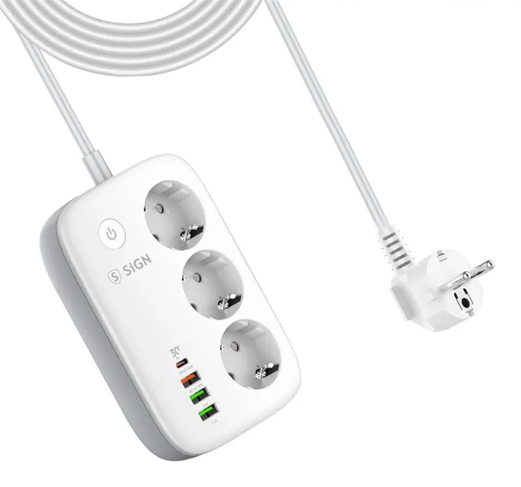 Smart WiFi stikdåse med 3 udtag USB-C + 3 x USB-A 2m Hvid