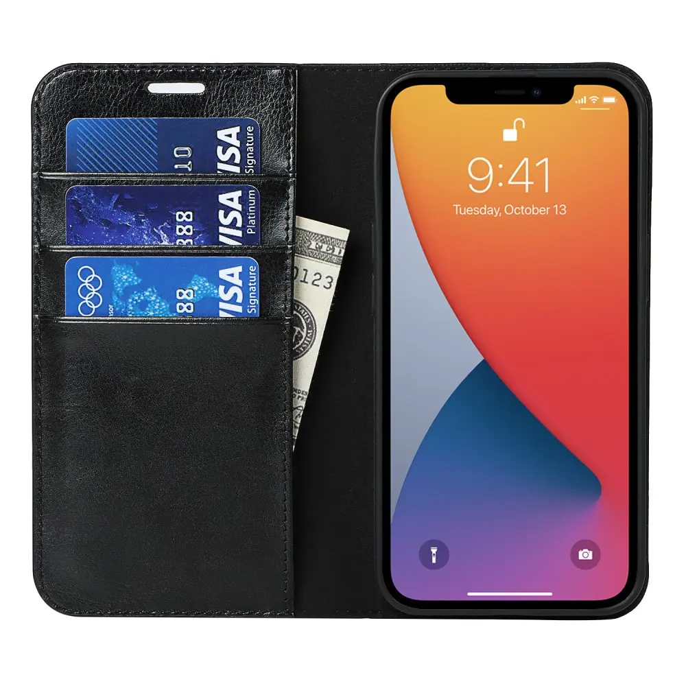 Mobilfodral Äkta Läder iPhone 12/iPhone 12 Pro Svart