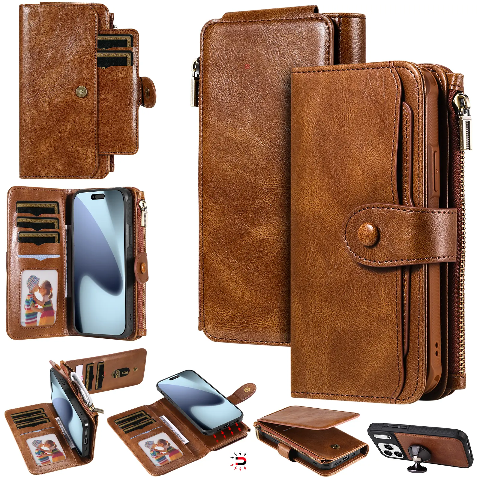 Magnet Leather Multi-Wallet iPhone 17 Pro Brun