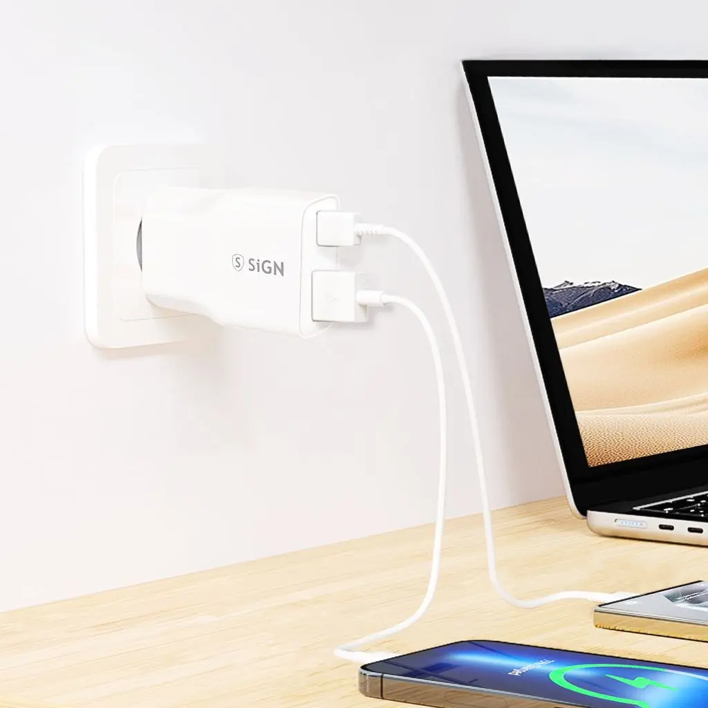 GaN Ultra Slim PD Snabbladdare USB-C + USB-A 20W Vit