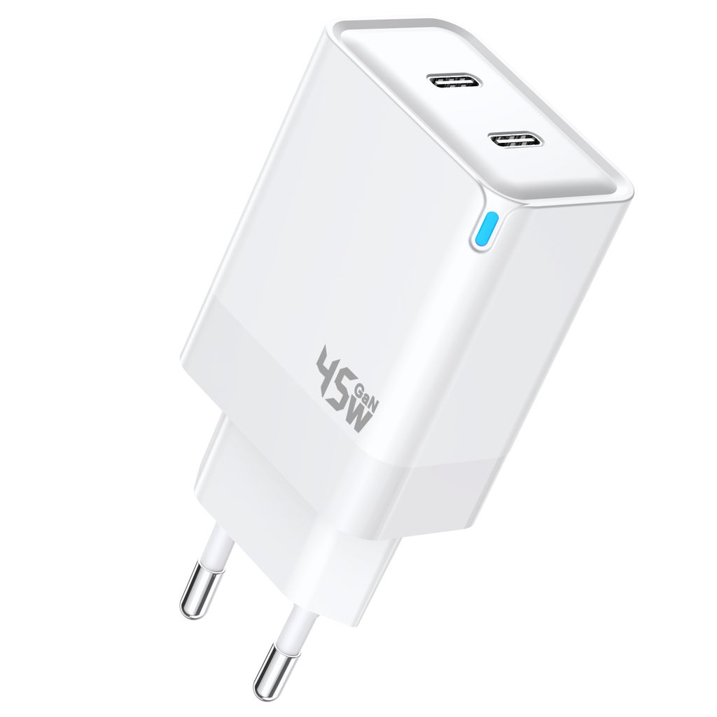 GaN Väggladdare med dubbla USB-C-uttag 45W