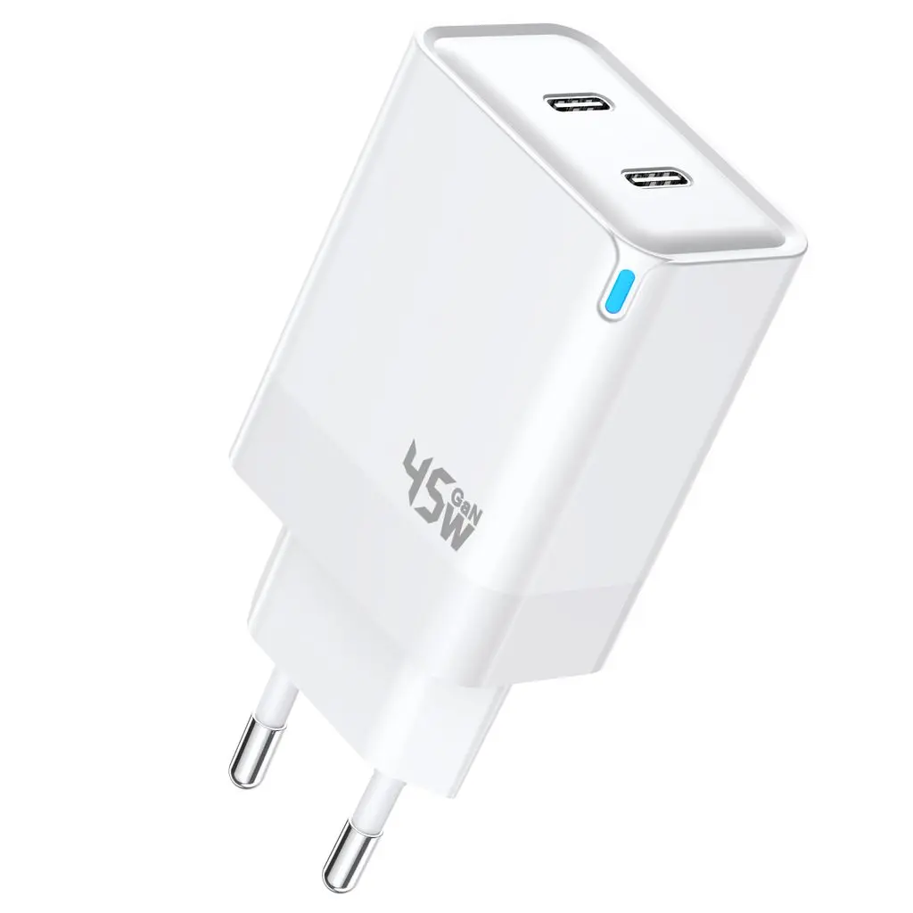 Dual USB-C PD GaN Hurtigoplader 45W Hvid